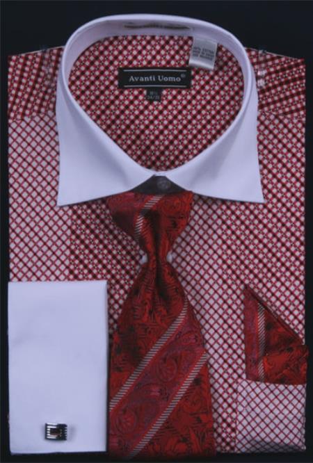 Mensusa Products Men's French Cuff Dress Shirt Set Geometric Pattern Red