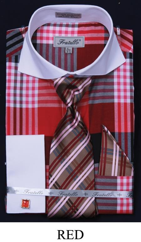 Mensusa Products Men's French Cuff Dress Shirt Set Multi Checker Red