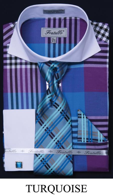 Mensusa Products Men's French Cuff Dress Shirt Set Multi Checker Turquoise