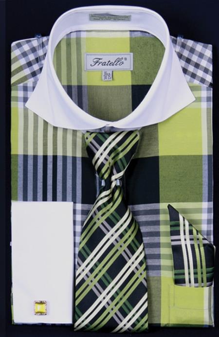 Mensusa Products Men's French Cuff Dress Shirt Set Multi Checker Lime