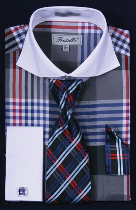 Mensusa Products Men's French Cuff Dress Shirt Set Multi Checker Navy