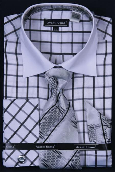 Mensusa Products Men's French Cuff Dress Shirt Set Windowpane White/Black