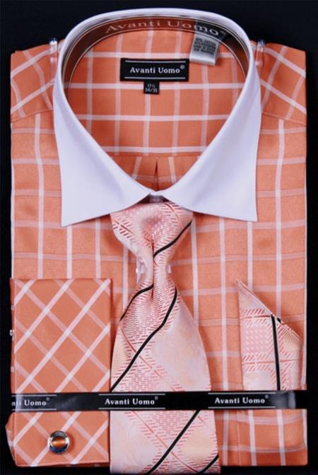 Mensusa Products Men's French Cuff Dress Shirt Set Windowpane Coral