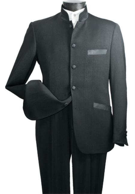 Mensusa Products Nehru jacket-Mens High Fashion 5 button chinese nehru banded Style 2Piece Elegantmandarin collar suit Black