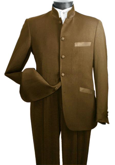 Mensusa Products Nehru jacket-Mens High Fashion 5 button chinese nehru banded Style 2Piece Elegantmandarin collar suit Khaki