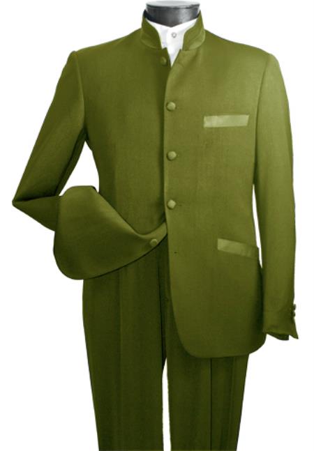 Mensusa Products Nehru jacket-Mens High Fashion 5 button chinese nehru banded Style 2Piece Elegantmandarin collar suit Olive