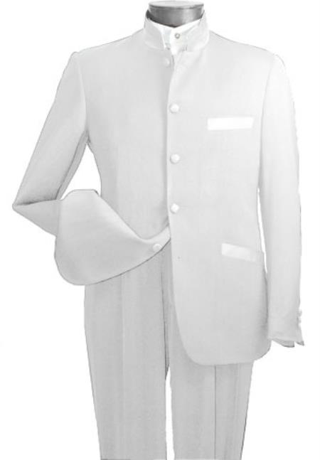 Mensusa Products Nehru jacket-Mens High Fashion 5 button chinese nehru banded Style 2Piece Elegantmandarin collar suit White