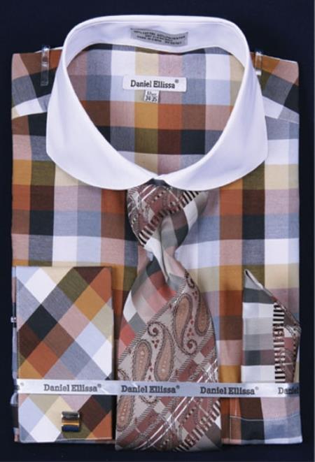 Mensusa Products Men's French Cuff Dress Shirt SetBright Checker Brown