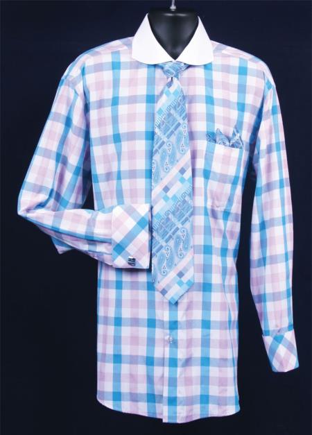 Mensusa Products Men's French Cuff Dress Shirt SetBright Checker Turquoise Full