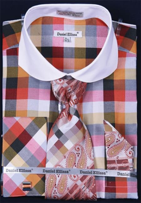 Mensusa Products Men's French Cuff Dress Shirt SetBright Checker Rust