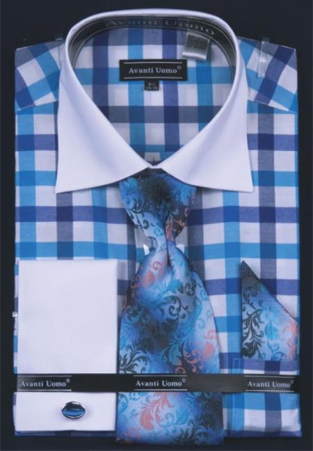 Mensusa Products Men's French Cuff Dress Shirt SetChecker Pattern Turquoise