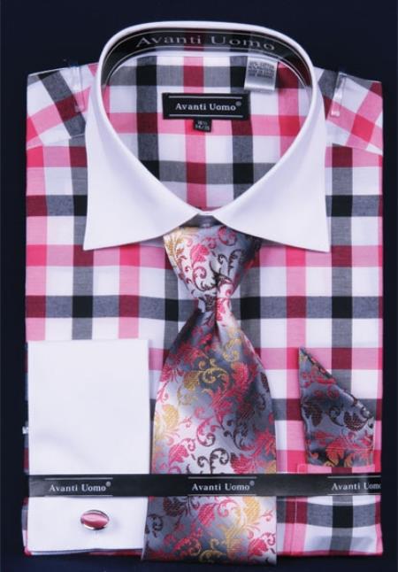 Mensusa Products Men's French Cuff Dress Shirt SetChecker Pattern Fuchsia
