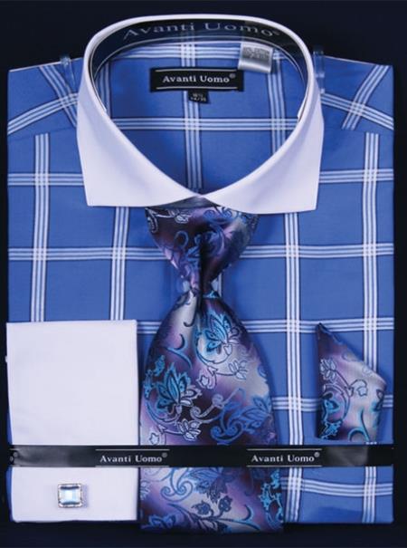 Mensusa Products Men's French Cuff Dress Shirt SetLarge Windowpane Blue