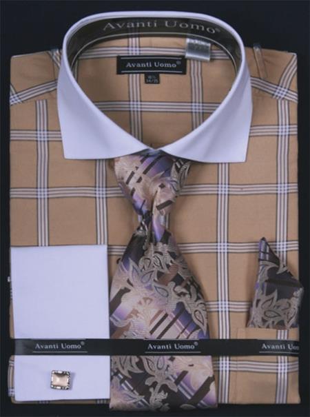 Mensusa Products Men's French Cuff Dress Shirt SetLarge Windowpane Beige
