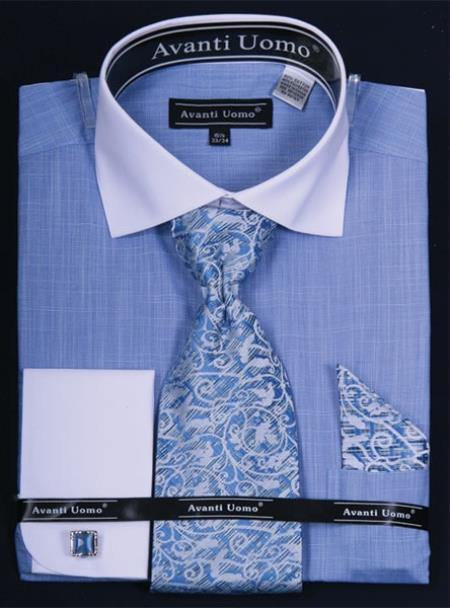 Mensusa Products Men's French Cuff Dress Shirt SetClassic Two Tone Blue