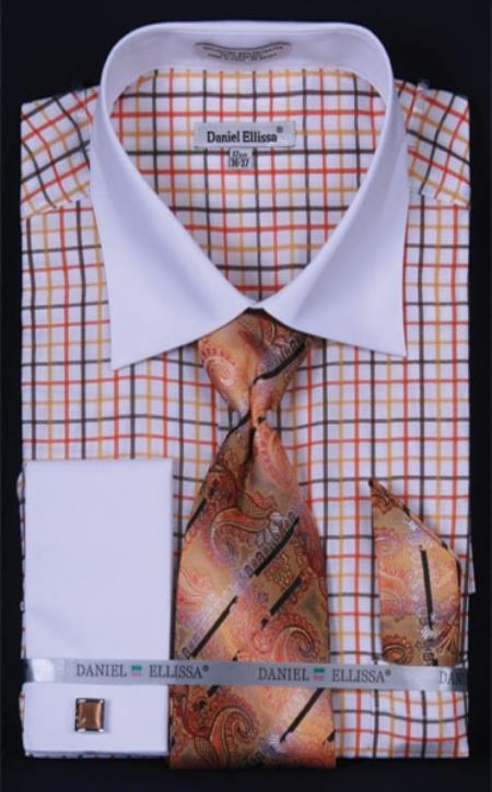 Mensusa Products Men's French Cuff Dress Shirt SetSmall Checker Orange