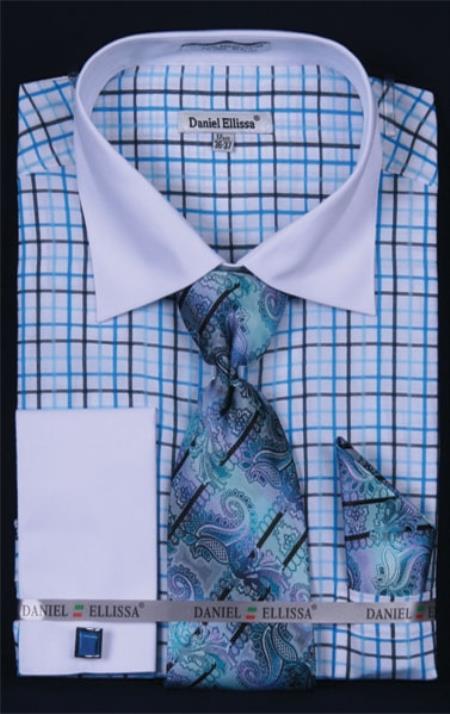 Mensusa Products Men's French Cuff Dress Shirt SetSmall Checker Turquoise