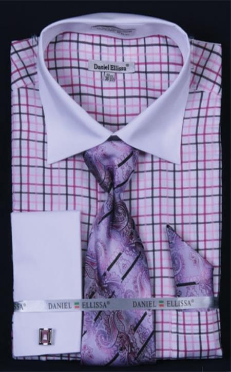 Mensusa Products Men's French Cuff Dress Shirt SetSmall Checker Lilac
