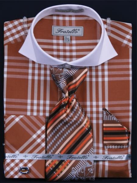 Mensusa Products Men's French Cuff Dress Shirt SetDeep Checker Brown