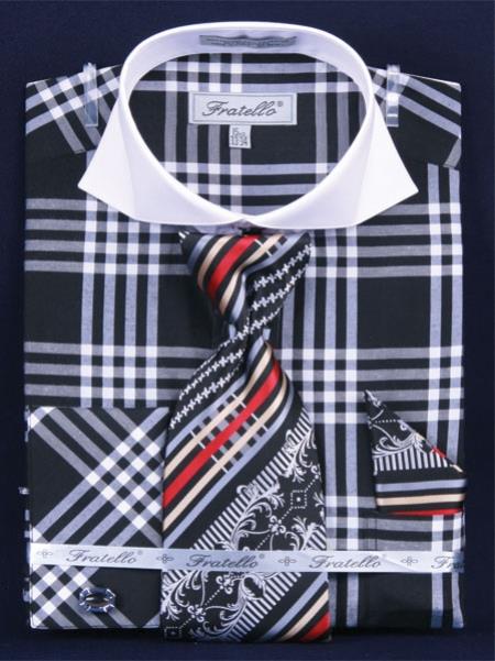 Mensusa Products Men's French Cuff Dress Shirt SetDeep Checker Black