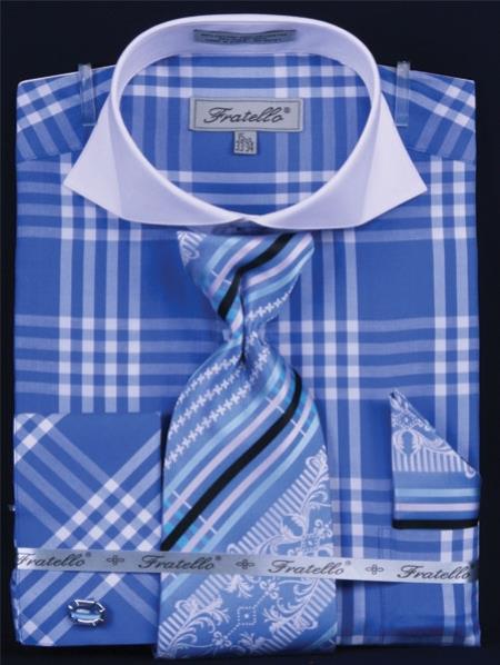 Mensusa Products Men's French Cuff Dress Shirt SetDeep Checker Royal