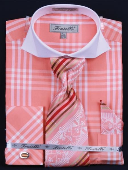 Mensusa Products Men's French Cuff Dress Shirt SetDeep Checker Coral