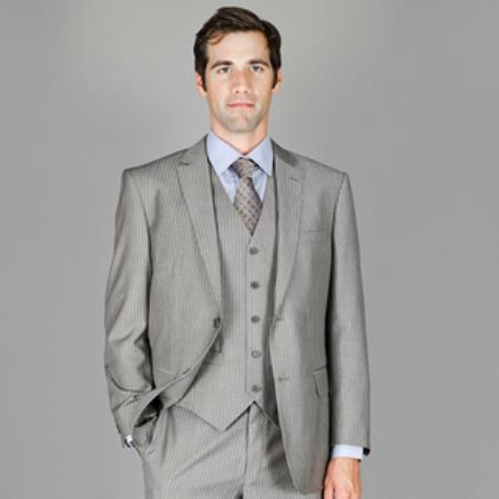Mensusa Products Men's Grey Stripe Wool and Silk Blend Vested Suit