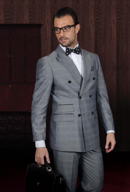 Mensusa Products Grey Square Pattern 2pc Double Breasted Mens Suit w/Leather Trim on Pockets Hand Made