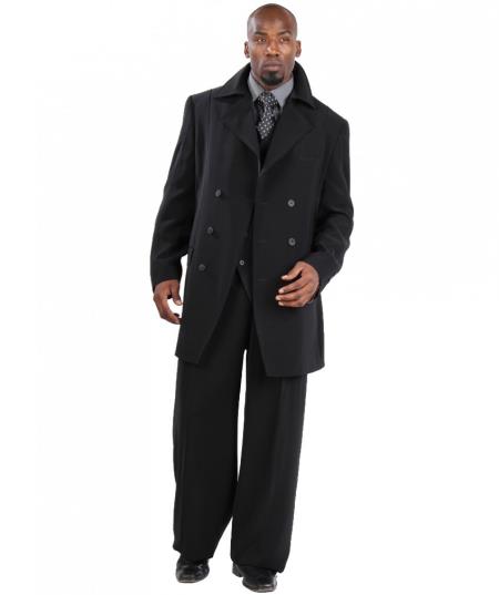 Mensusa Products Suit Three Piece Vested With Peacoat Jacket with Wide Leg Pants Black