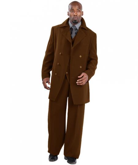 Mensusa Products Suit Three Piece Vested With Peacoat Jacket with Wide Leg Pants Brown