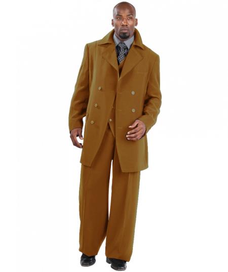 Mensusa Products Suit Three Piece Vested With Peacoat Jacket with Wide Leg Pants Tan
