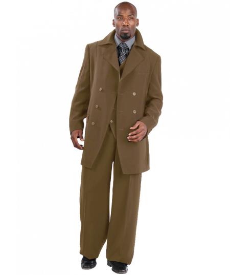 Mensusa Products Suit Three Piece Vested With Peacoat Jacket with Wide Leg Pants Khaki