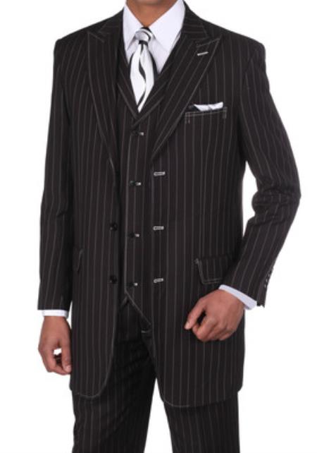 Mensusa Products Men's Boss ClassicPinstripe suits w/Vest Black with White Stitching