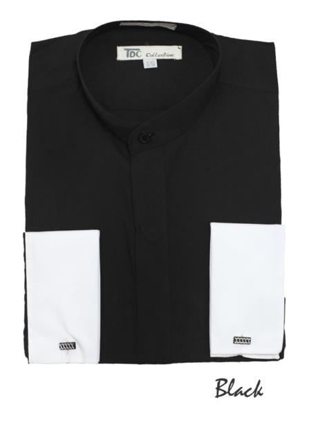 Mensusa Products Men's Fashion Hidden Button French Cuff Mandarin Collar Dress Shirt Black