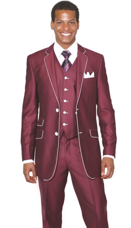 Mensusa Products Mens 2 Button 3 Piece Single Breasted Church Suit Burgundy