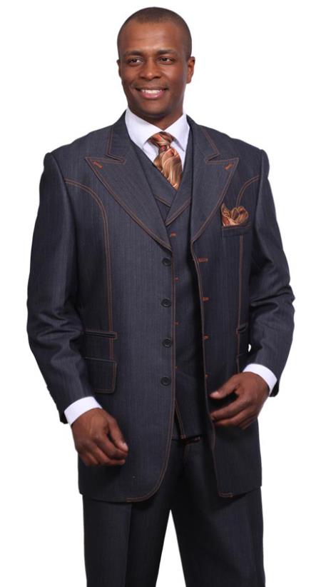 Mensusa Products Mens 3 Piece 37Inch Length Denim Suit with Wide Lapels Blue
