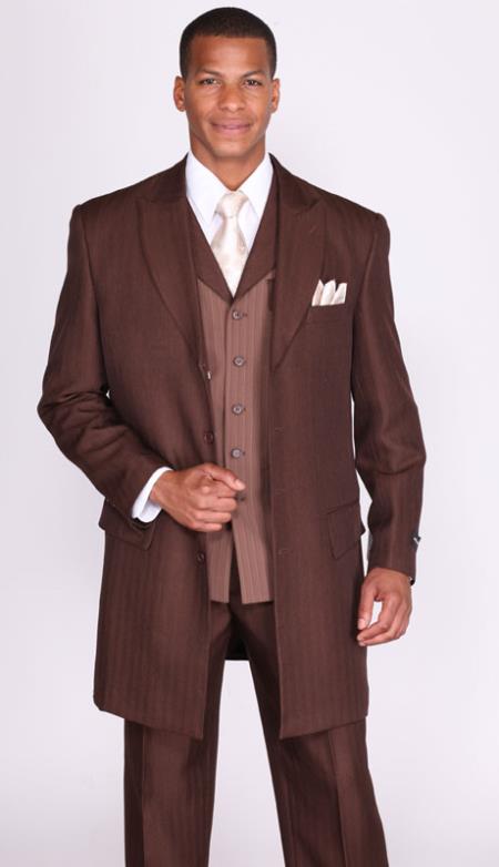 Mensusa Products Mens 3 Piece 4 Button 36 Inch Length Jacket with Arowhead Lapels Brown