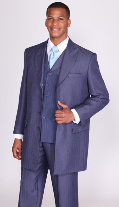 Mensusa Products Mens 3 Piece 4 Button Fashion Suit Herringbone Stripes Navy