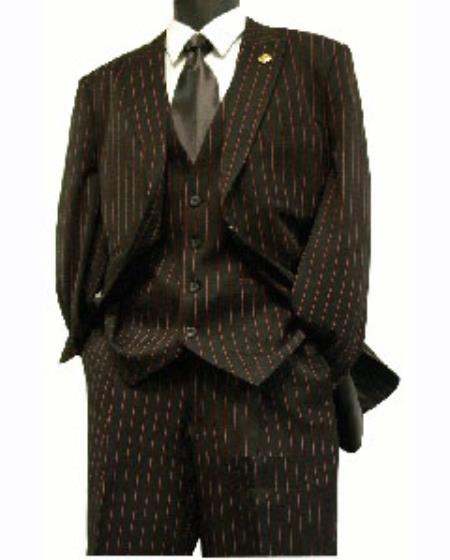 Mensusa Products Mens 3 Piece 3 Button Suit with Ticket Pocket Black With Red Stripe