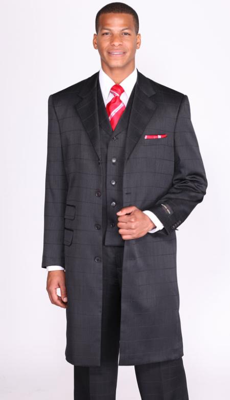 Mensusa Products Mens 3 Piece 34 Inch Length Suit with 4 Button Black With Check