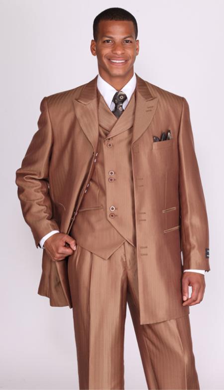 Mensusa Products Mens 3 Piece 3 Button Stripe Suit with Lapel Vest Brown