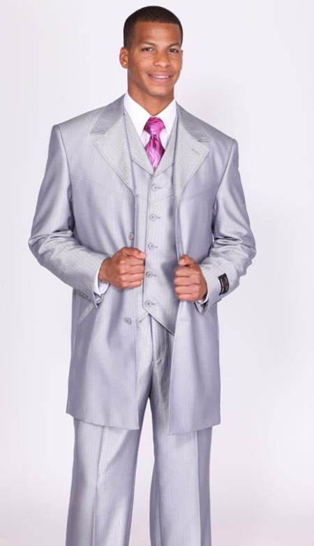 Mensusa Products Mens 3 Piece 4 Button 36 Inch Length Tonal Stripe Suit Silver With Stripe