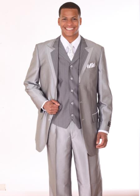 Mensusa Products Mens 3 Piece 3 Button Fashion Suit with 2 Tone Lapels Silver