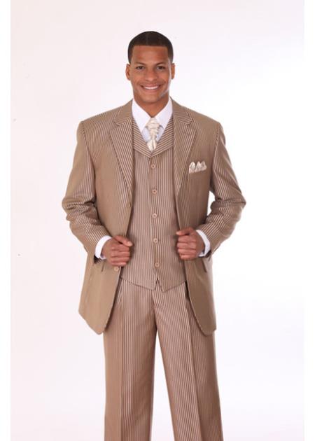 Mensusa Products Mens 3 Piece 3 Button Stripe Suit with Lapel Vest Tan With Stripe