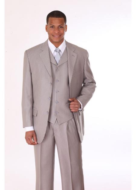 Mensusa Products Mens 3 Piece 3 Button Stripe Suit with Lapel Vest Silver With Stripe