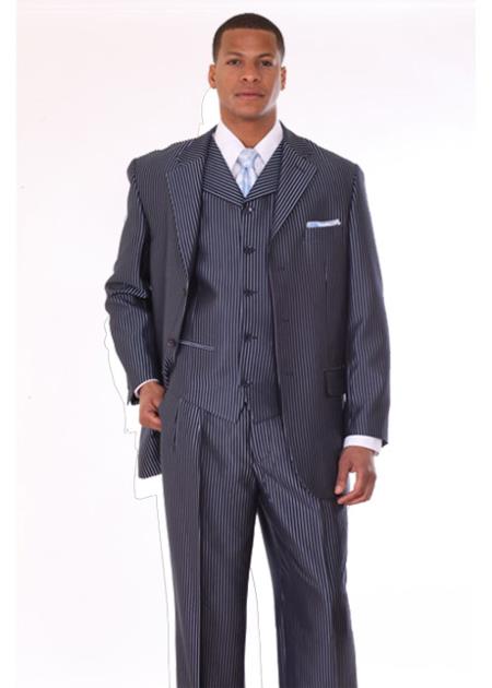 Mensusa Products Mens 3 Piece 3 Button Stripe Suit with Lapel Vest Navy With Stripe