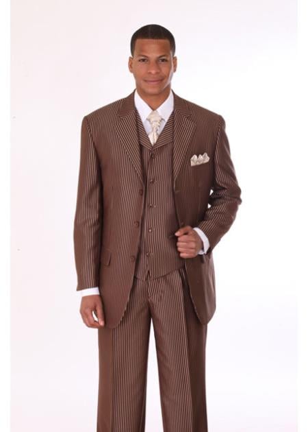 Mensusa Products Mens 3 Piece 3 Button Stripe Suit with Lapel Vest Brown With Stripe