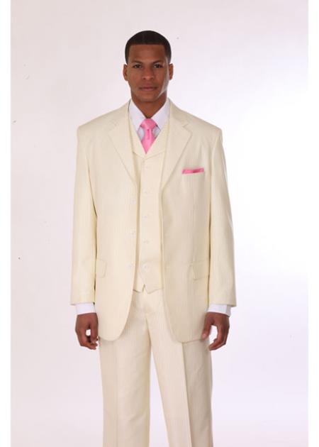 Mensusa Products Mens 3 Piece 3 Button Stripe Suit with Lapel Vest Cream With Stripe