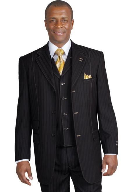 Mensusa Products Black Tone on Tone Stripe Vested Urban Men Suits