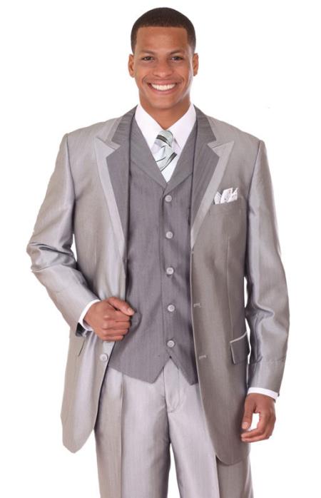 Mensusa Products Discount Mens suits-Mens Silver Vested Sharkskin Fashion Suit: discount mens clothes for sale